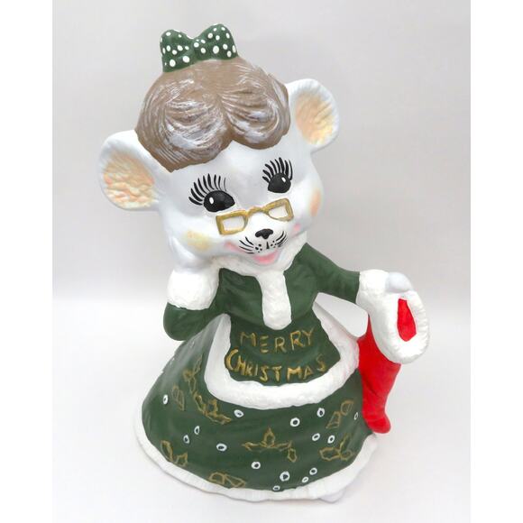Vintage Hand Painted Ceramic Christmas Mouse Figurine Mrs. Claus Merry Xmas 8.5″ - Picture 1 of 10